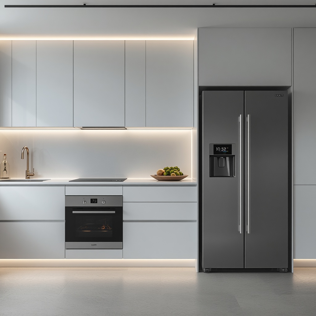 A sleek modern kitchen with integrated smart appliances, LED strip lighting under cabinets, a smart refrigerator with a digital display, clean minimalist design, daylight illumination, high-end interior design photography, no people